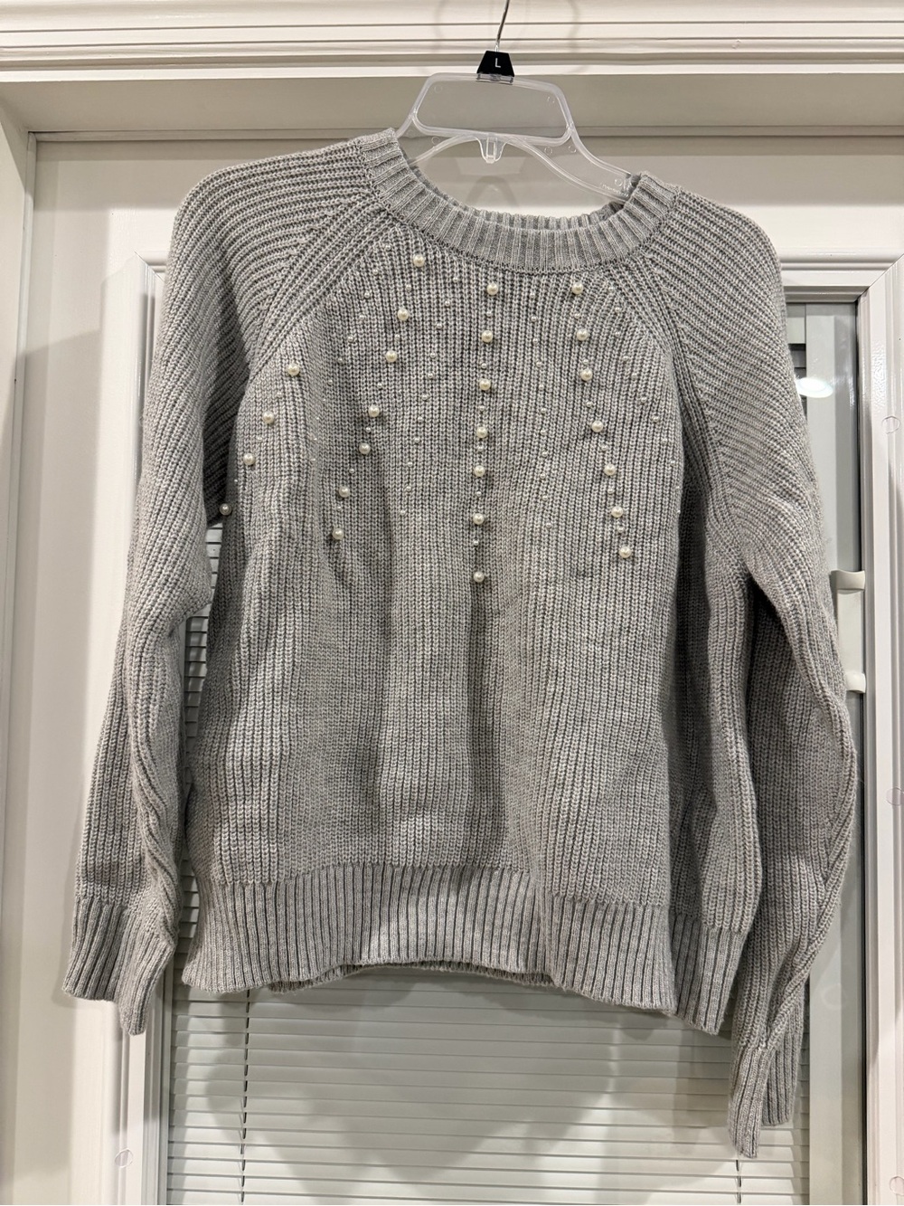 French Connection Light Gray Pearl-Embellished Crewneck Sweater